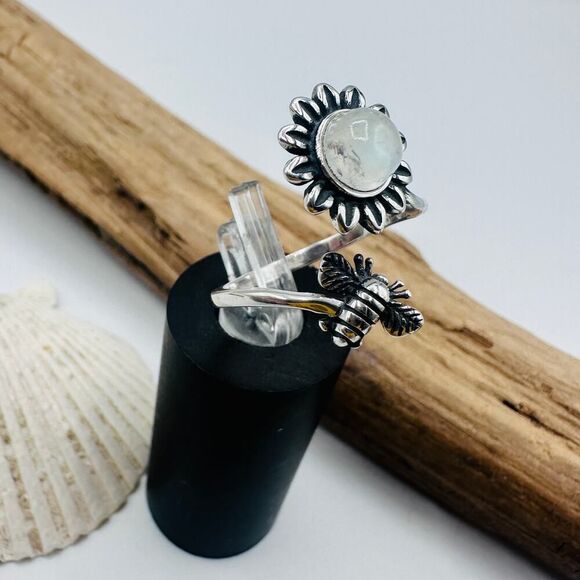 Moonstone Sterling Silver Bee & Sunflower Ring - Picture 4 of 6